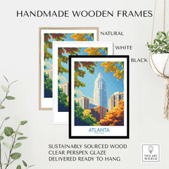Atlanta Art Print displayed in handmade wooden frames in natural, white, and black finishes.