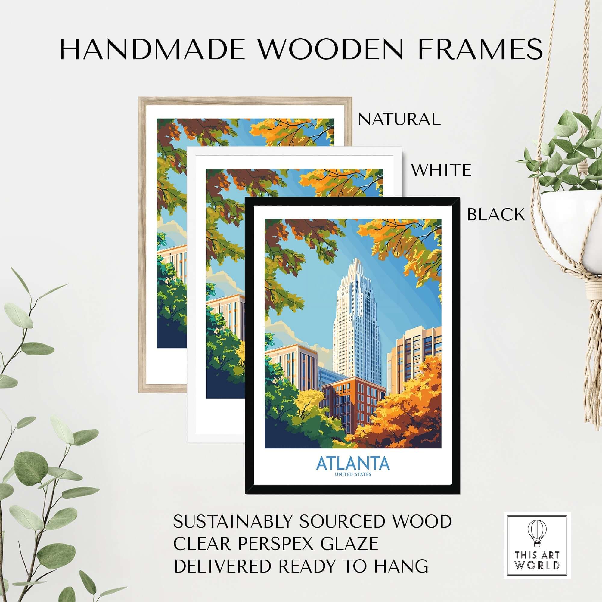 Atlanta Art Print displayed in handmade wooden frames in natural, white, and black finishes.
