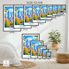 Size guide for Atlanta Travel Poster showcasing various frame sizes with vibrant Atlanta cityscape.