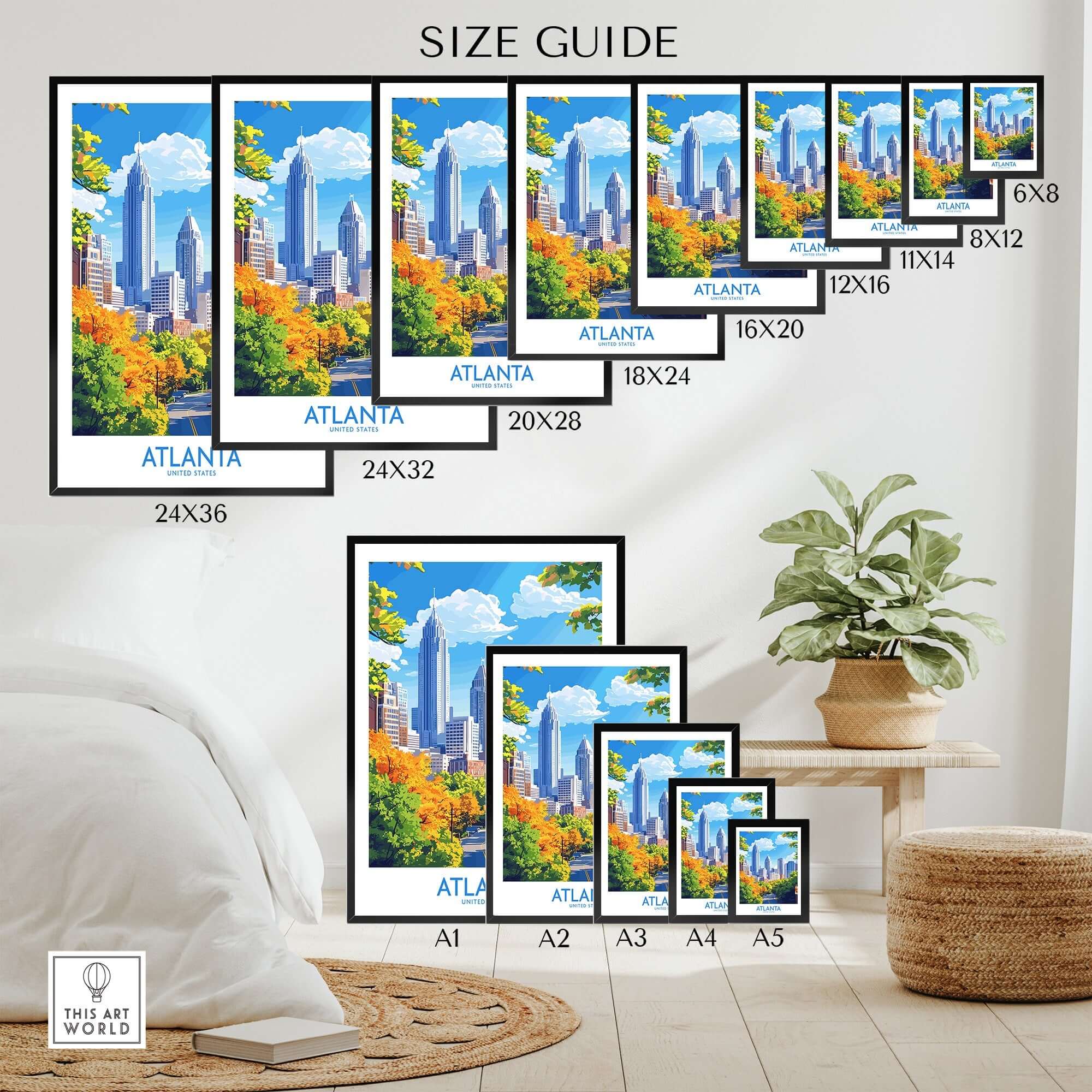 Size guide for Atlanta Travel Poster showcasing various frame sizes with vibrant Atlanta cityscape.