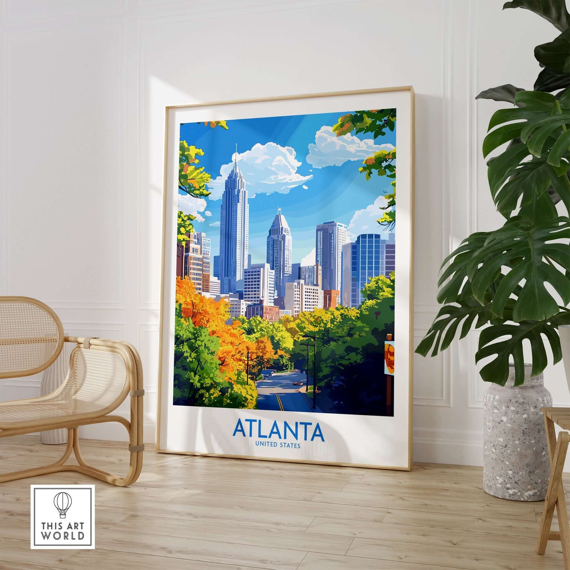 Atlanta Travel Poster showcasing the vibrant city skyline and lush greenery of Atlanta, United States.