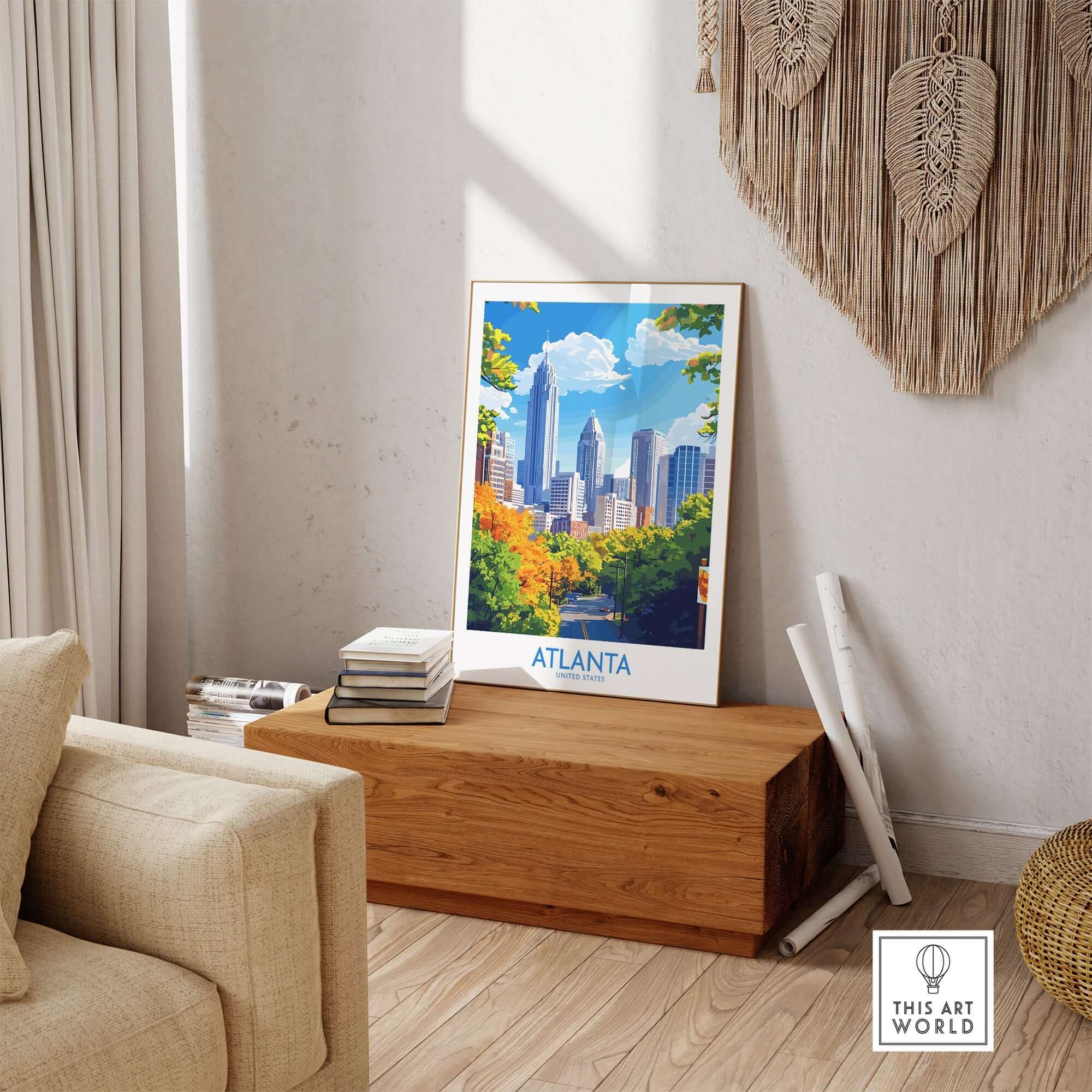 Atlanta Travel Poster showcasing the skyline and greenery of Atlanta, perfect for home decor.