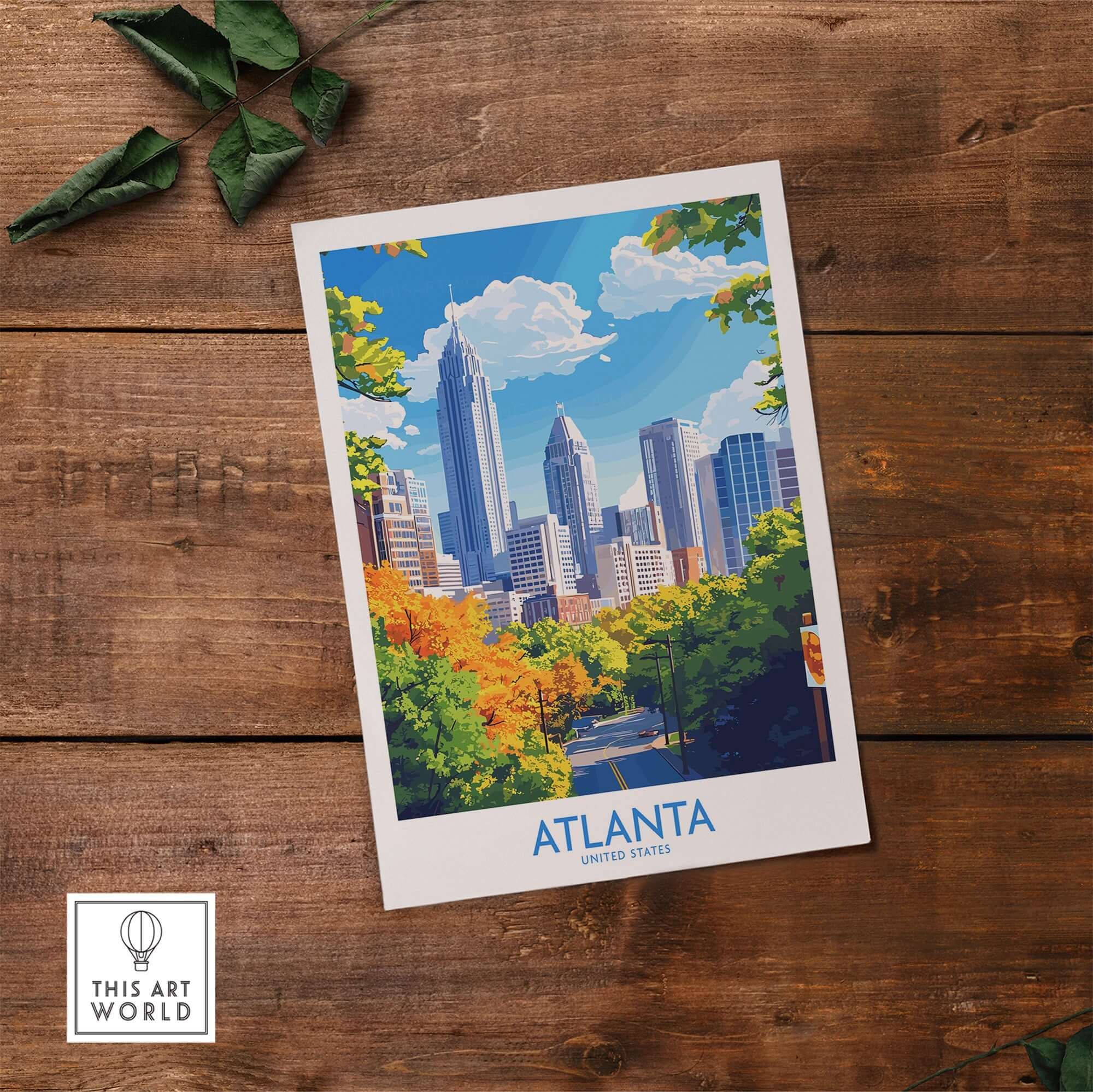 Atlanta Travel Poster showcasing the skyline and vibrant foliage of Atlanta, perfect for any decor.