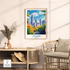 Atlanta Travel Poster displayed in a stylish living room featuring iconic Atlanta skyline.