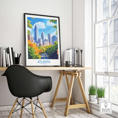 Atlanta Travel Poster displayed in a modern room with a stylish desk, showcasing the city's vibrant skyline and greenery.