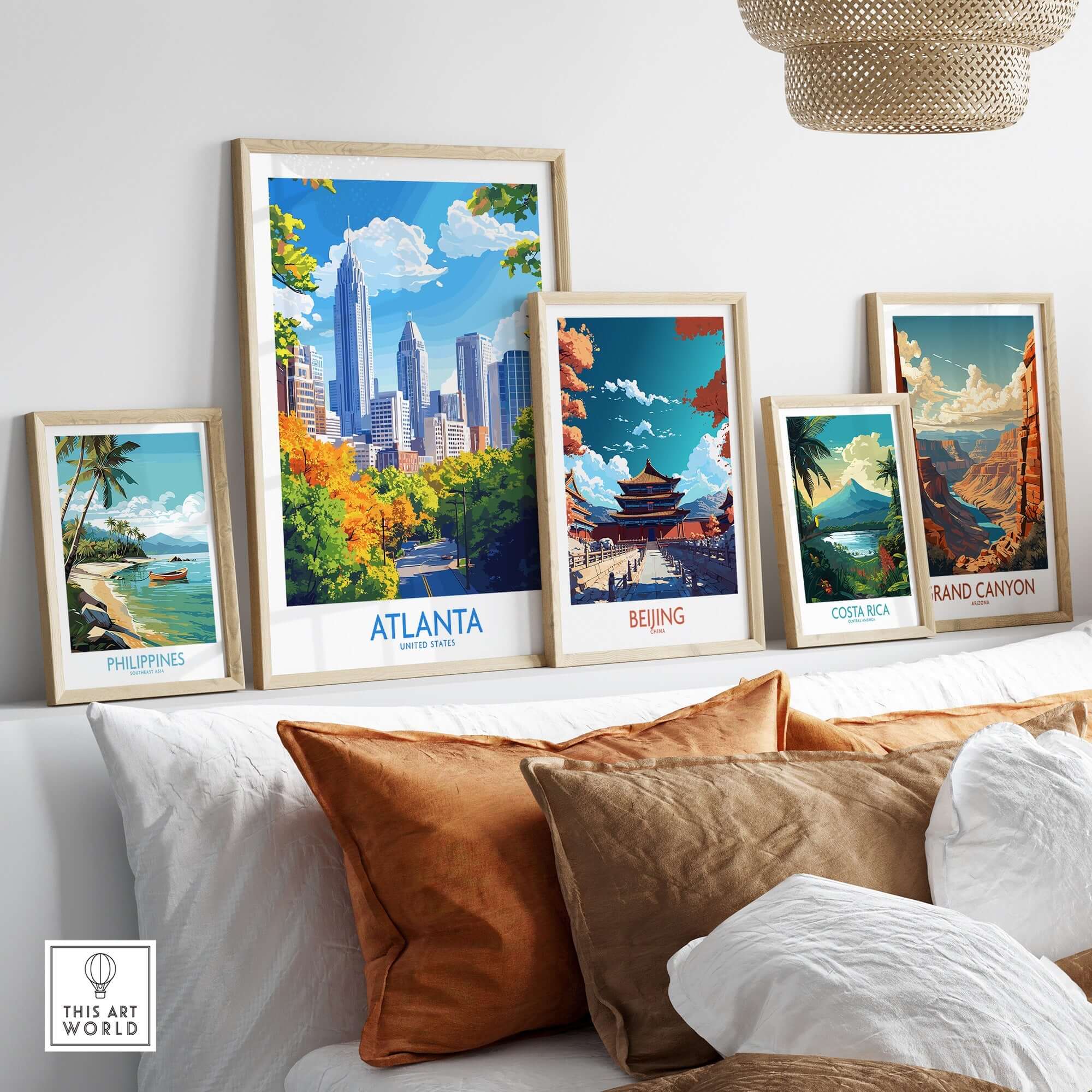 Atlanta Travel Poster displayed among other travel posters on a stylish wall.