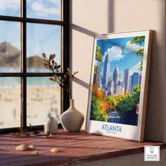 Atlanta Travel Poster displayed on a windowsill with a view of the city skyline and beach.