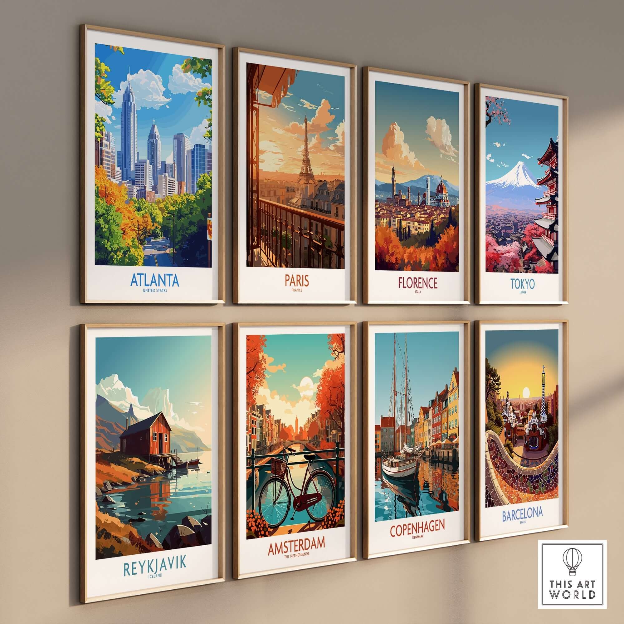 A collection of vibrant travel posters featuring iconic cities including Atlanta Travel Poster.