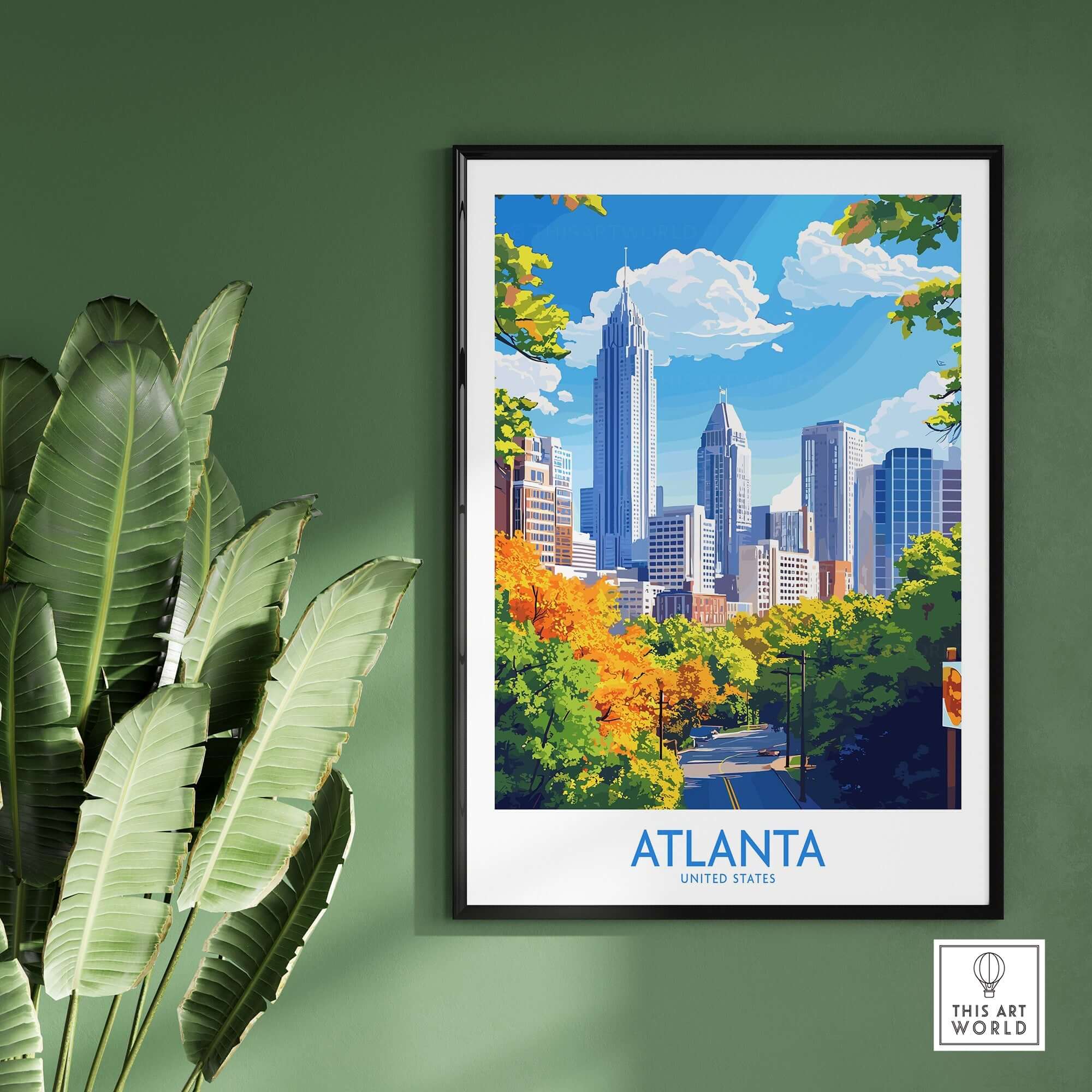 Atlanta Travel Poster showcasing the skyline and vibrant colors of Atlanta, perfect for decor.