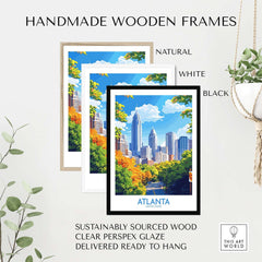 Handmade wooden frames showcasing the Atlanta Travel Poster in natural, white, and black finishes.