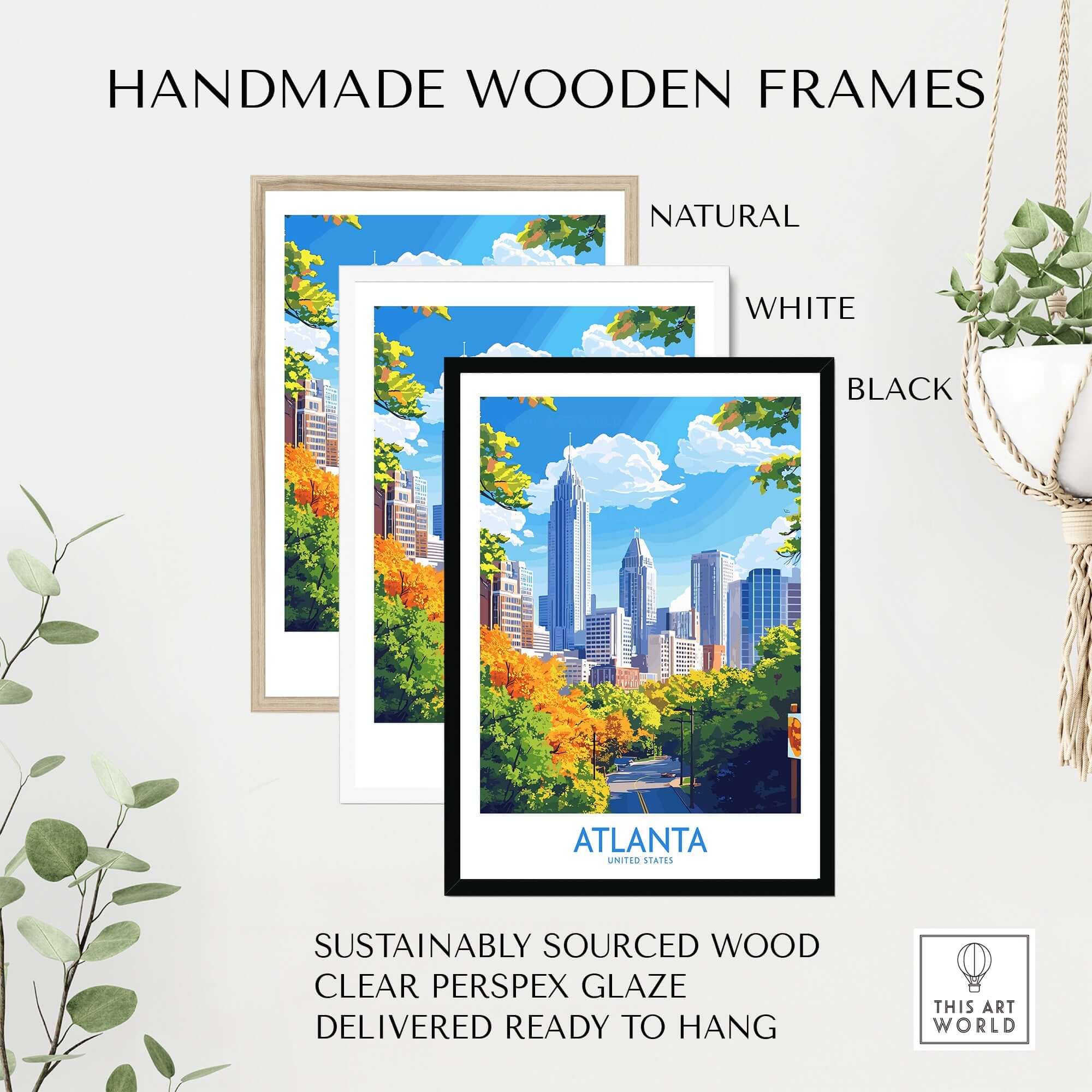 Handmade wooden frames showcasing the Atlanta Travel Poster in natural, white, and black finishes.