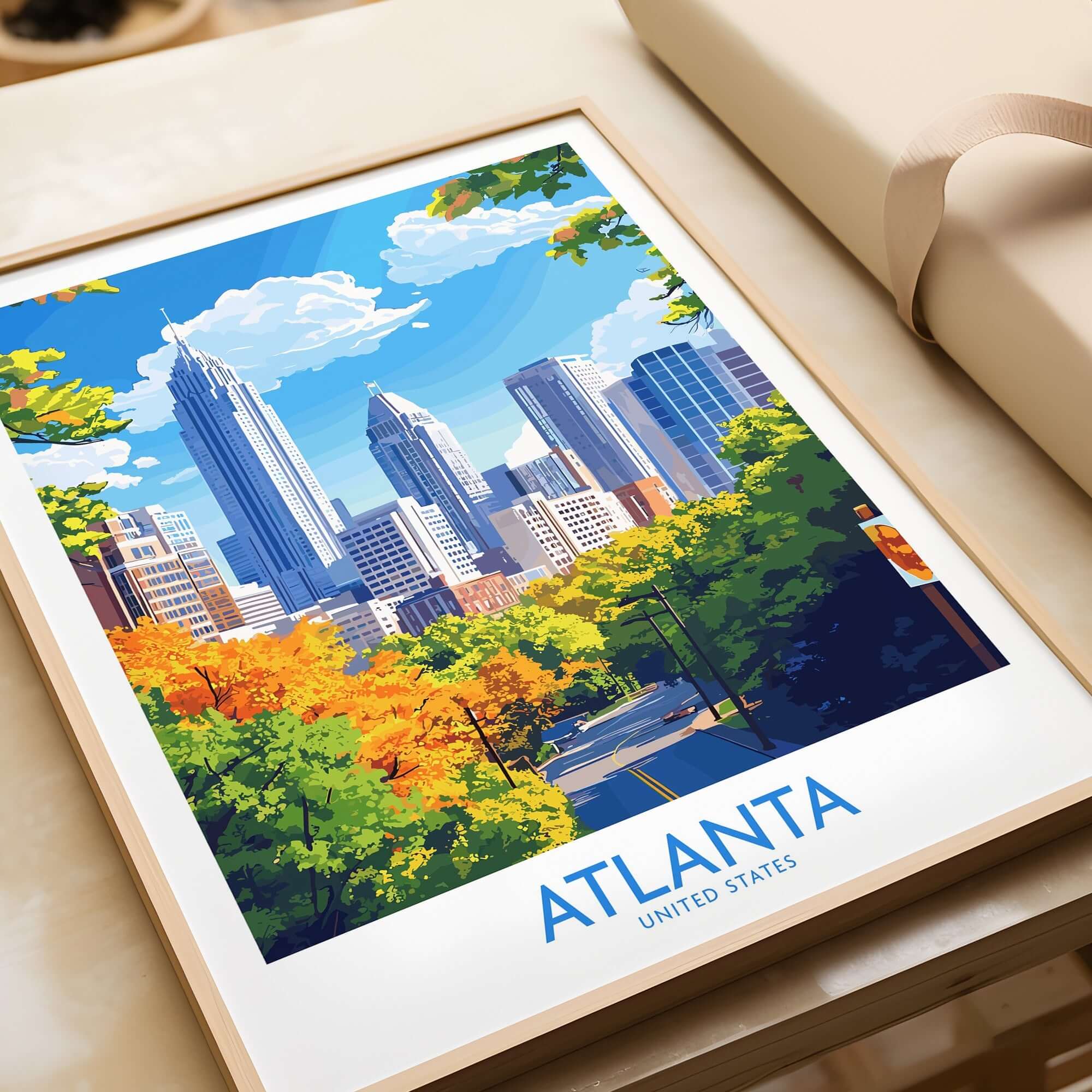 Atlanta Travel Poster featuring vibrant city skyline and colorful autumn foliage.