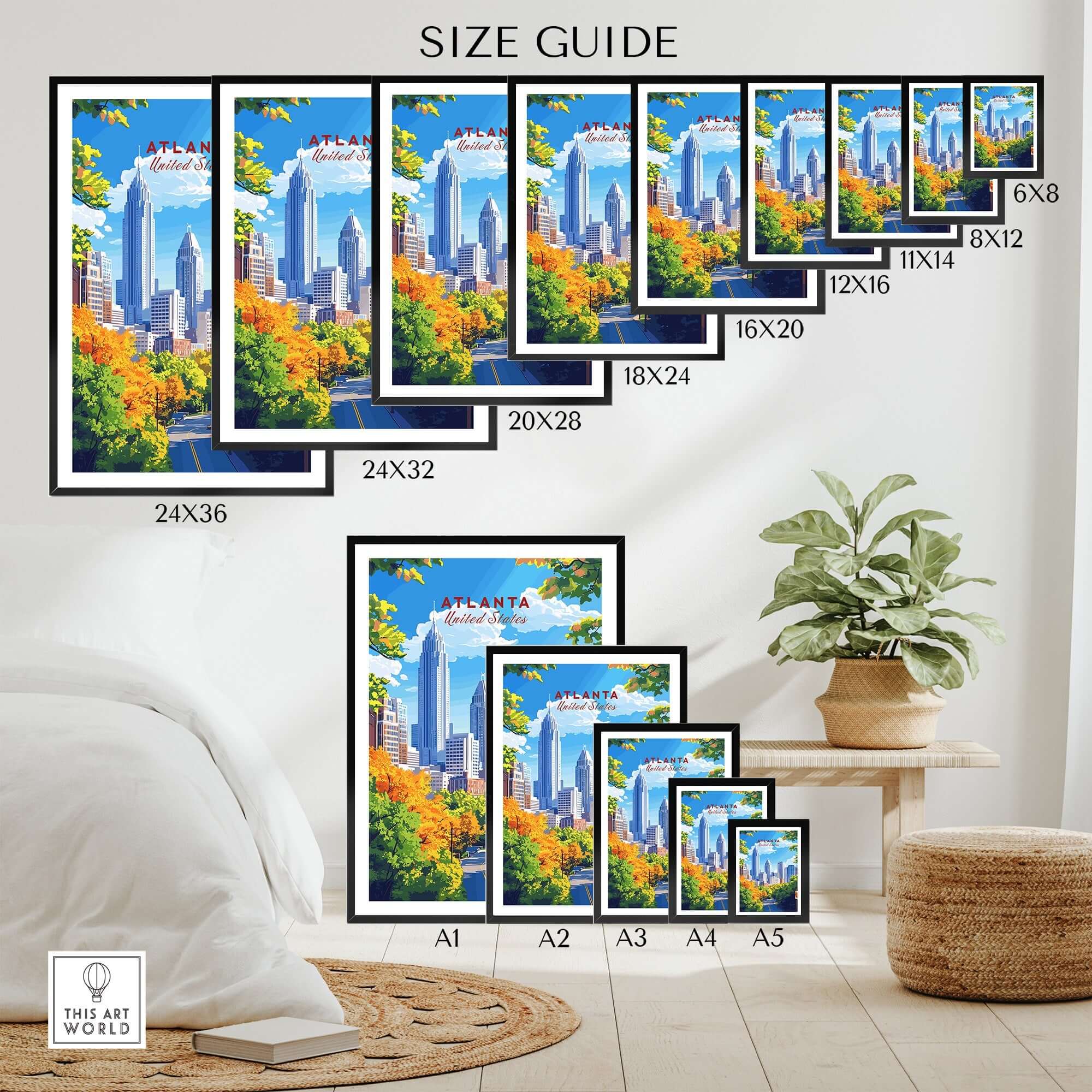 Atlanta Travel Print size guide showcasing various frame sizes for home or office decor.