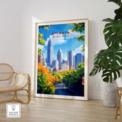 Atlanta Travel Print showcasing vibrant city skyline and autumn trees in a stylish home setting.