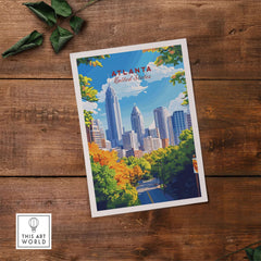Atlanta Travel Print showcasing vibrant city skyline and colorful trees in a stunning artwork.