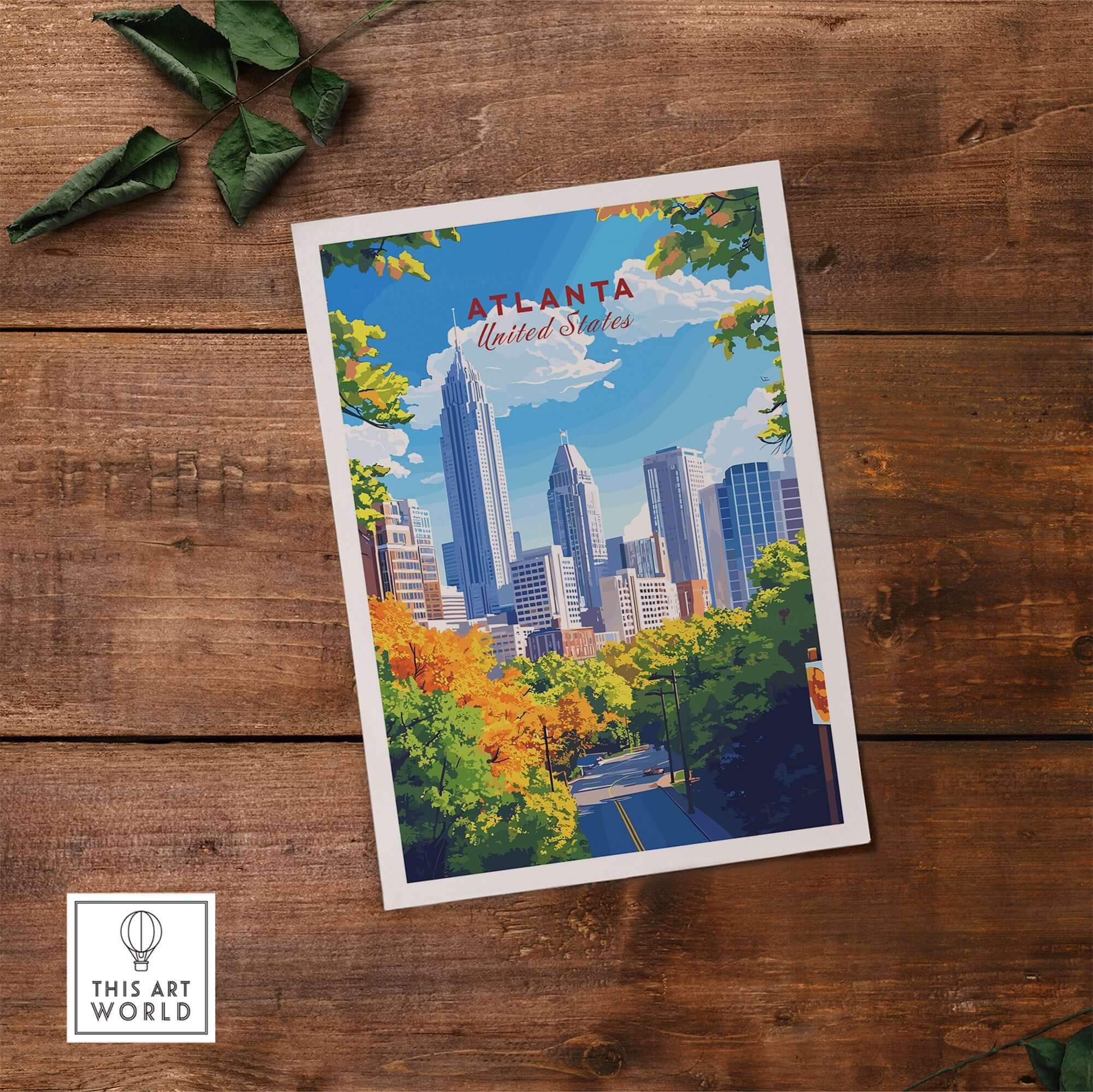 Atlanta Travel Print showcasing vibrant city skyline and colorful trees in a stunning artwork.