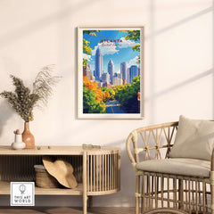 Atlanta Travel Print showcasing iconic Atlanta skyline surrounded by vibrant autumn trees in a stylish interior setting.