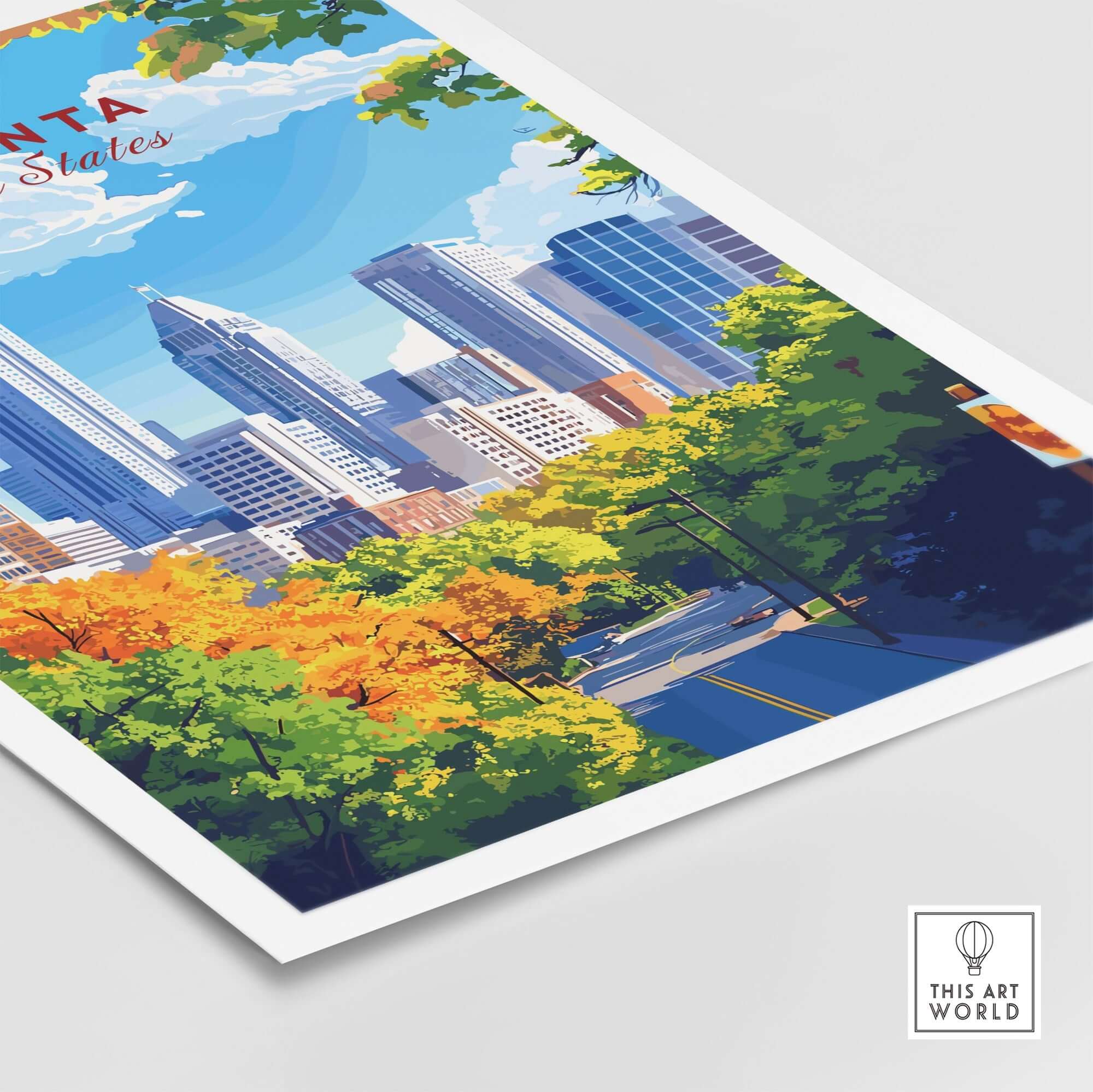 Atlanta Travel Print showcasing vibrant skyline and autumn scenery, perfect for home or office decor.