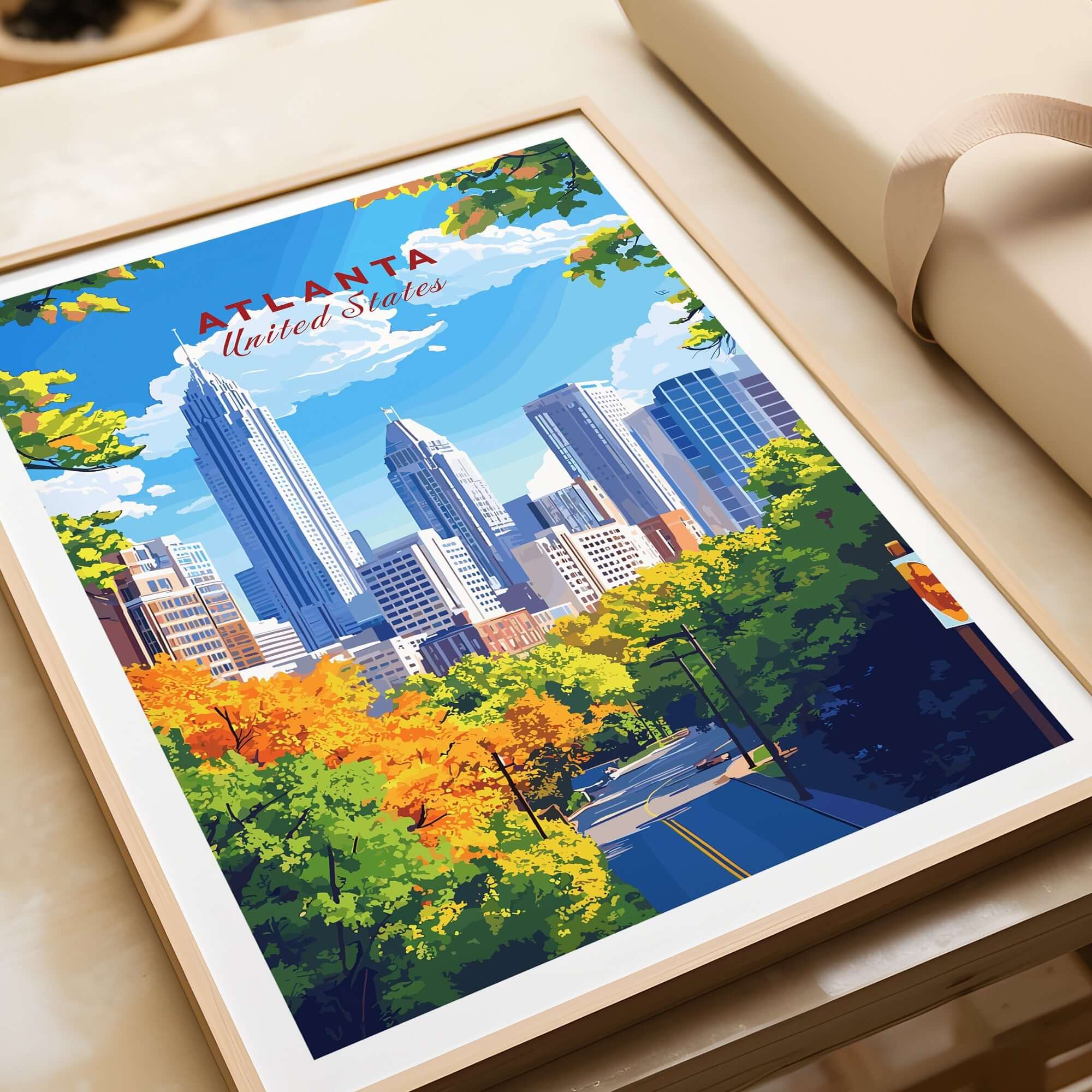 Atlanta Travel Print showcasing Atlanta skyline with vibrant fall foliage and clear blue skies.