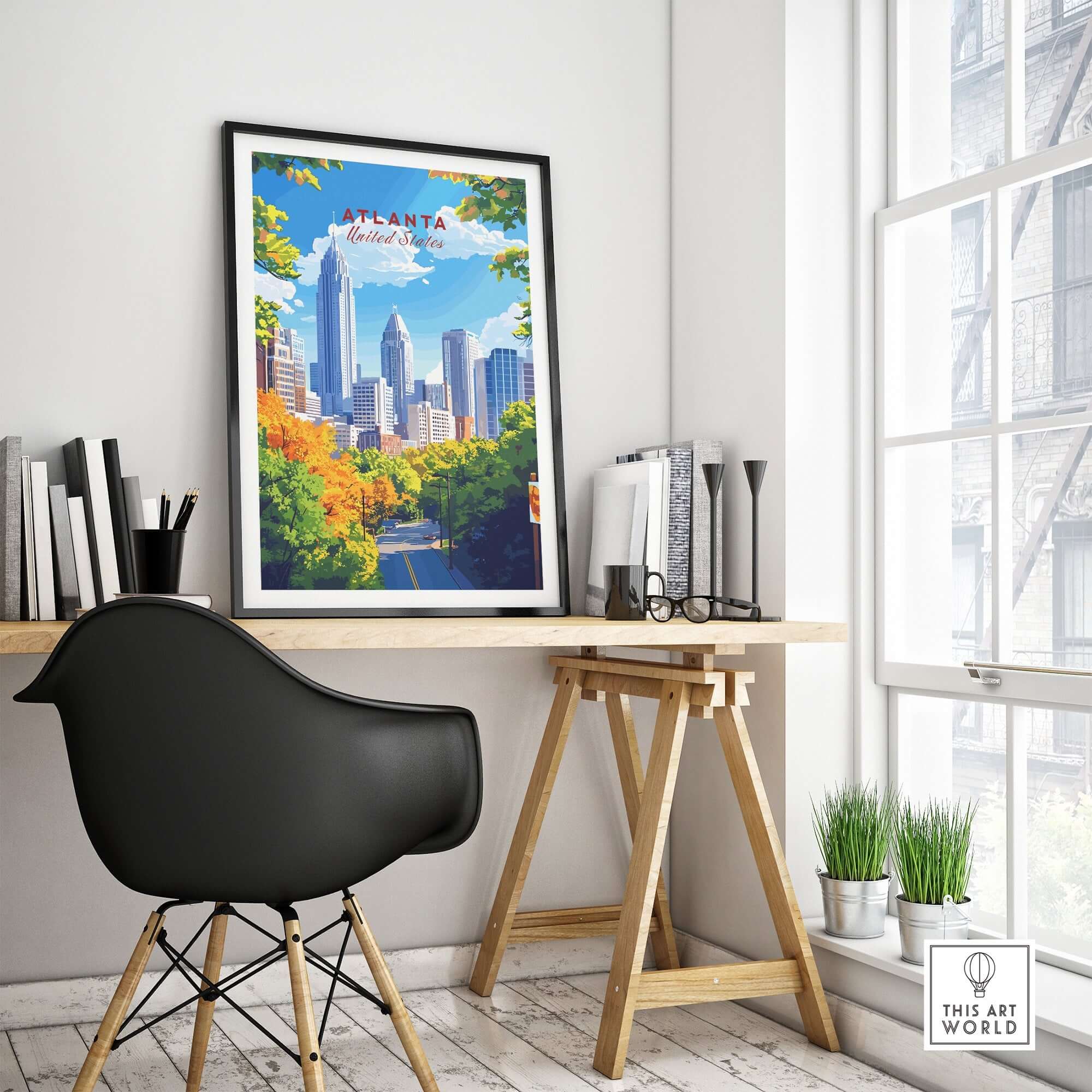 Atlanta Travel Print showcased in a modern office setting with a black chair and natural light.