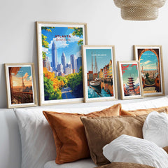 Atlanta Travel Print displayed in stylish frames on a bed, showcasing the vibrant energy of the city.
