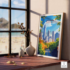 Atlanta Travel Print showcasing iconic landmarks and vibrant colors in a stylish interior setting.