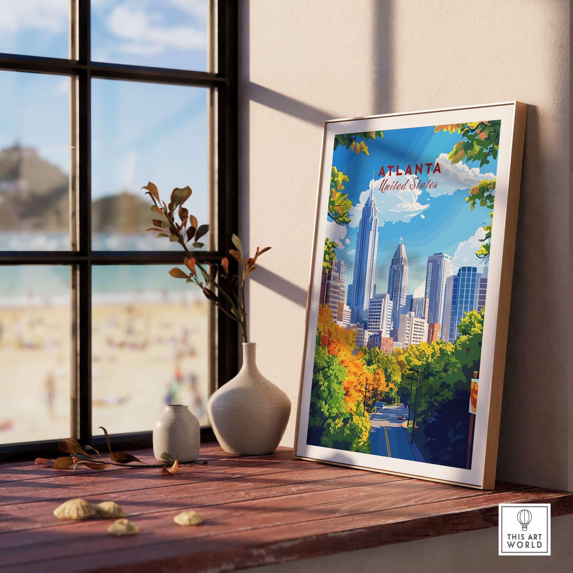 Atlanta Travel Print showcasing iconic landmarks and vibrant colors in a stylish interior setting.