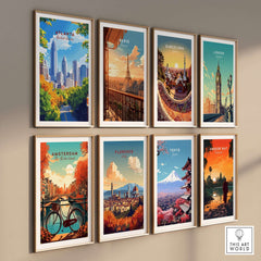Atlanta Travel Print showcasing iconic landmarks among other city prints on a gallery wall.