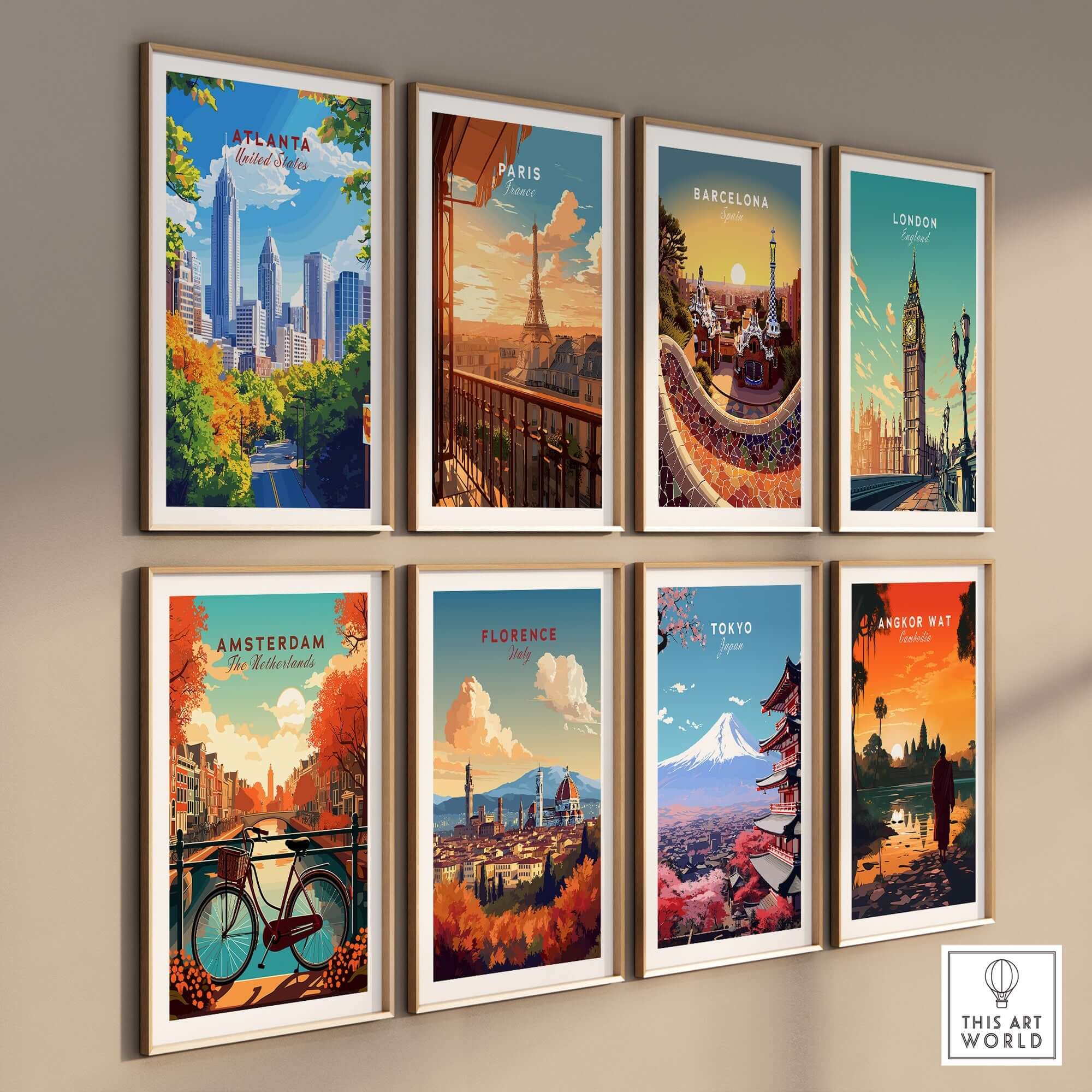 Atlanta Travel Print showcasing iconic landmarks among other city prints on a gallery wall.