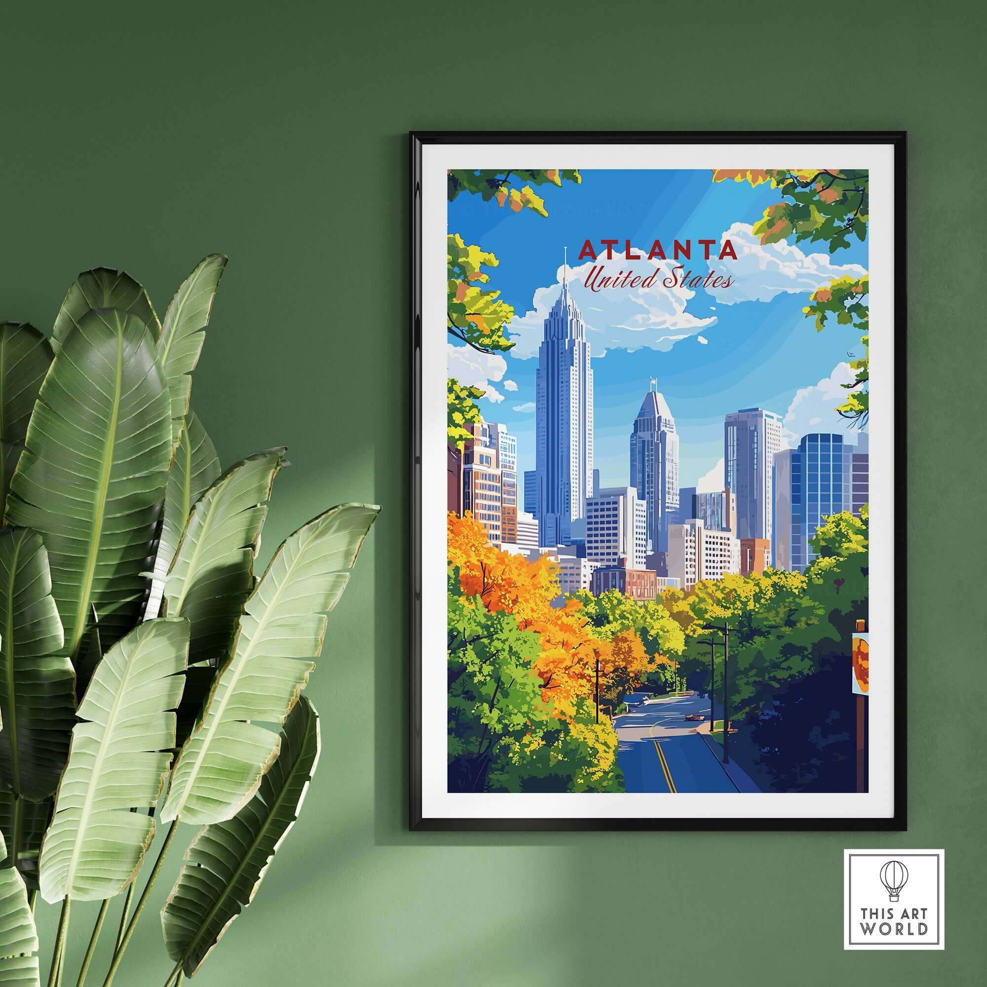 Atlanta Travel Print showcasing the skyline and vibrant scenery of Atlanta, perfect for home decor.