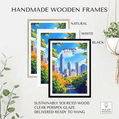 Atlanta Travel Print displayed in three handmade wooden frames: natural, white, and black.
