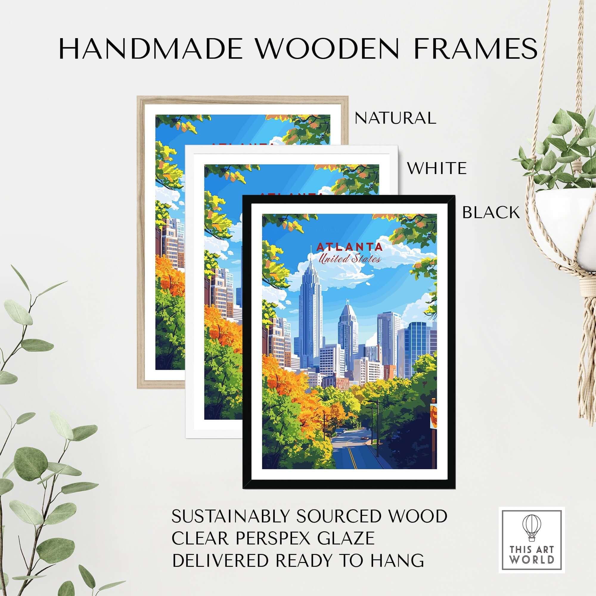 Atlanta Travel Print displayed in three handmade wooden frames: natural, white, and black.