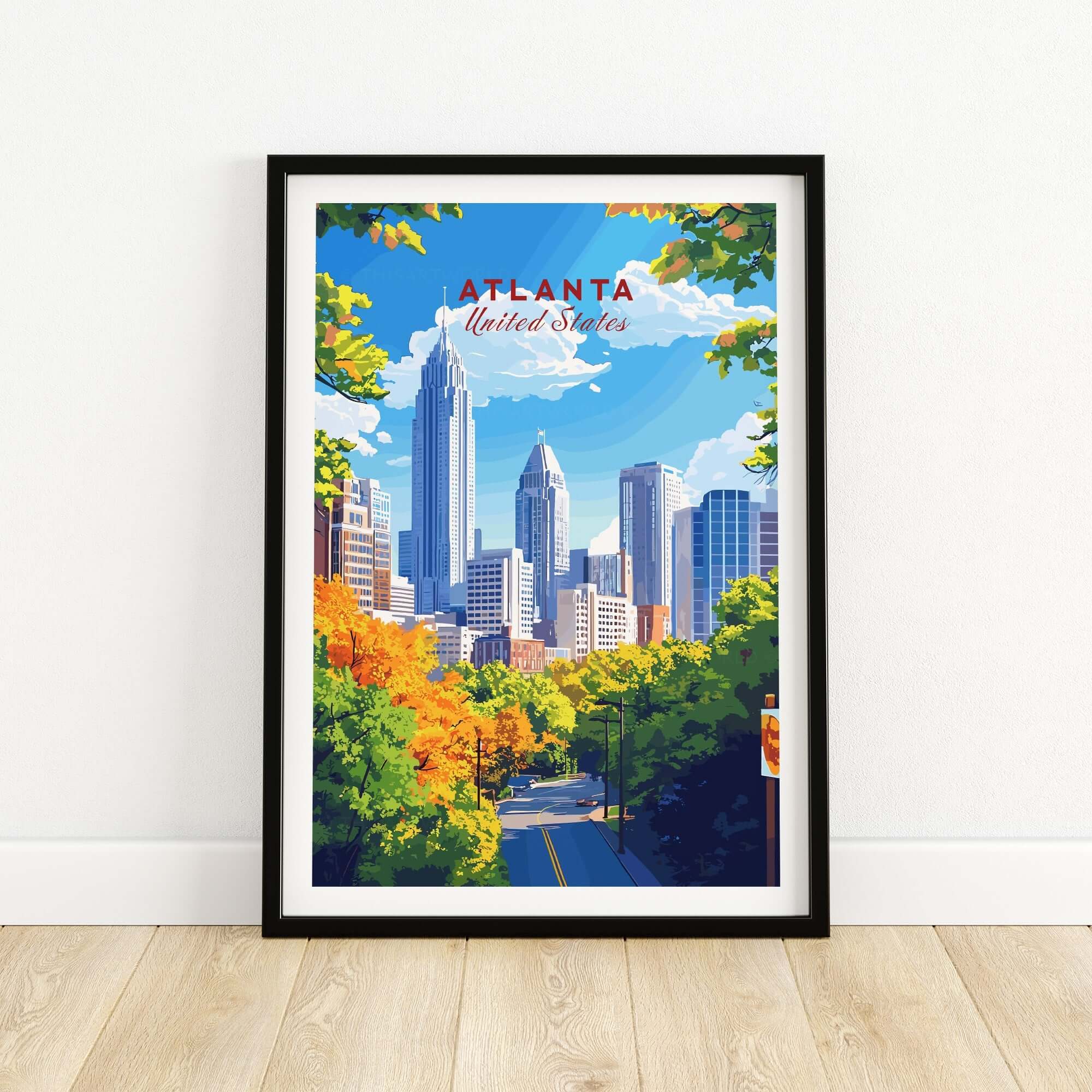 Atlanta Travel Print showcasing the skyline and vibrant autumn scenery of Atlanta.