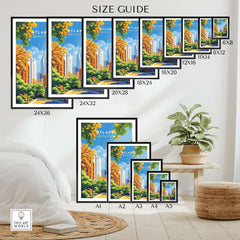 Size guide for Atlanta Wall Art showcasing various frame sizes and styles in a stylish home setting.
