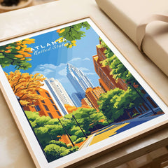 Atlanta Wall Art showcasing vibrant cityscape with trees and skyscrapers in a colorful design.