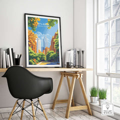 Atlanta Wall Art displayed in a modern workspace with vibrant city scenery and urban elements.