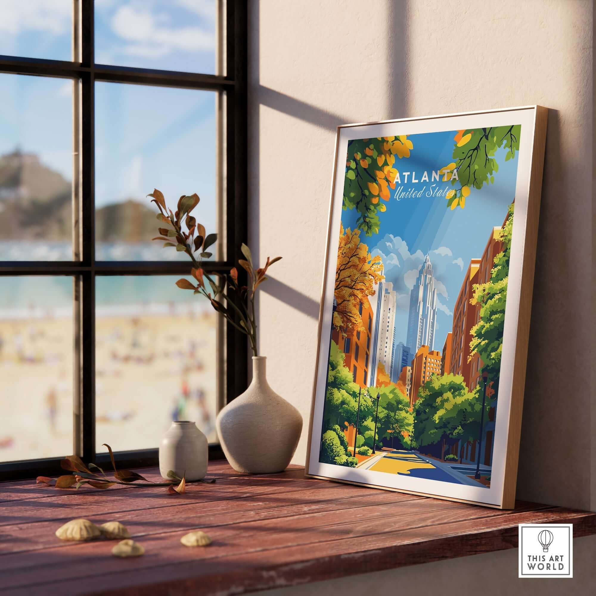 Atlanta Wall Art in a modern frame, showcasing vibrant city scenery with trees and buildings.