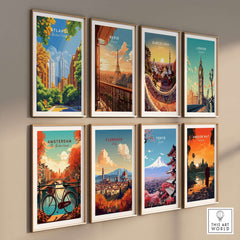 Atlanta Wall Art featuring vibrant cityscapes including Amsterdam, Paris, and Tokyo.