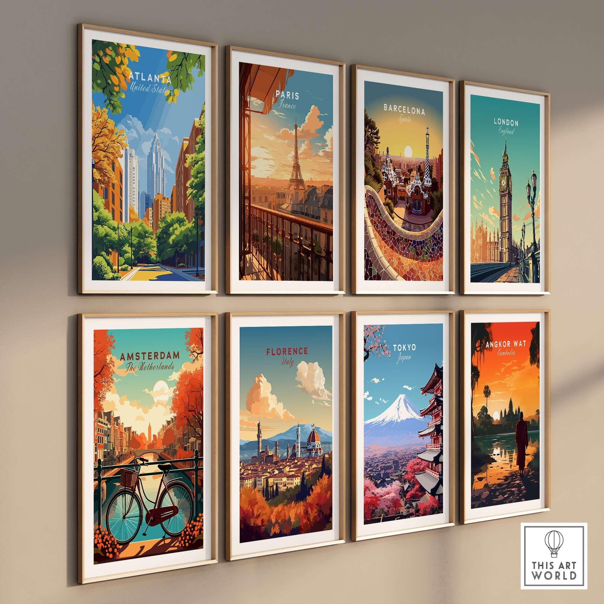 Atlanta Wall Art featuring vibrant cityscapes including Amsterdam, Paris, and Tokyo.