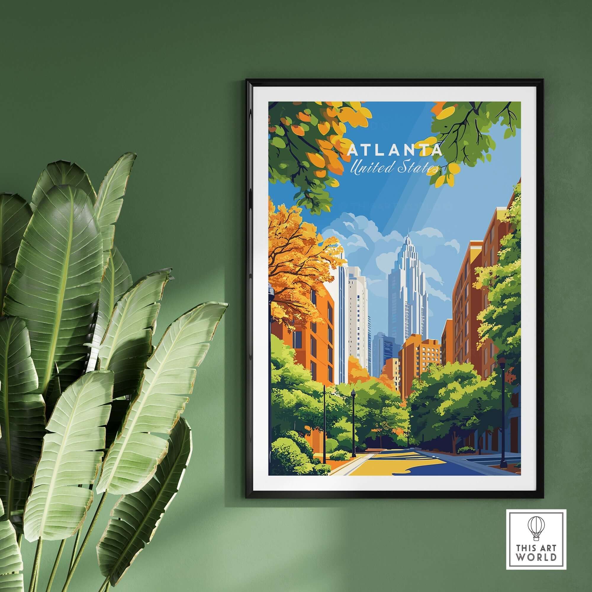 Atlanta Wall Art featuring a vibrant cityscape with skyscrapers and greenery.