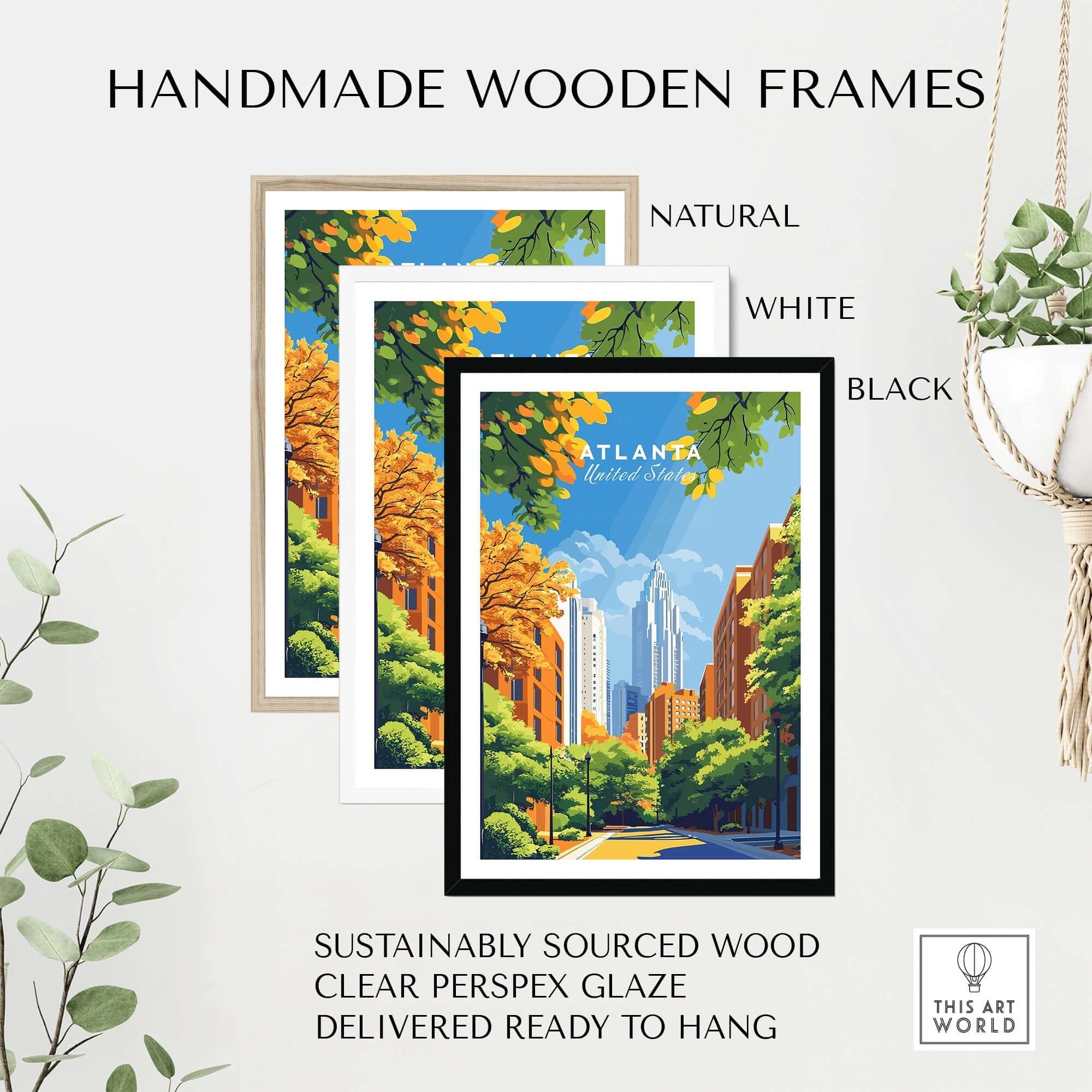 Atlanta Wall Art framed in handmade wooden frames in natural, white, and black colors.