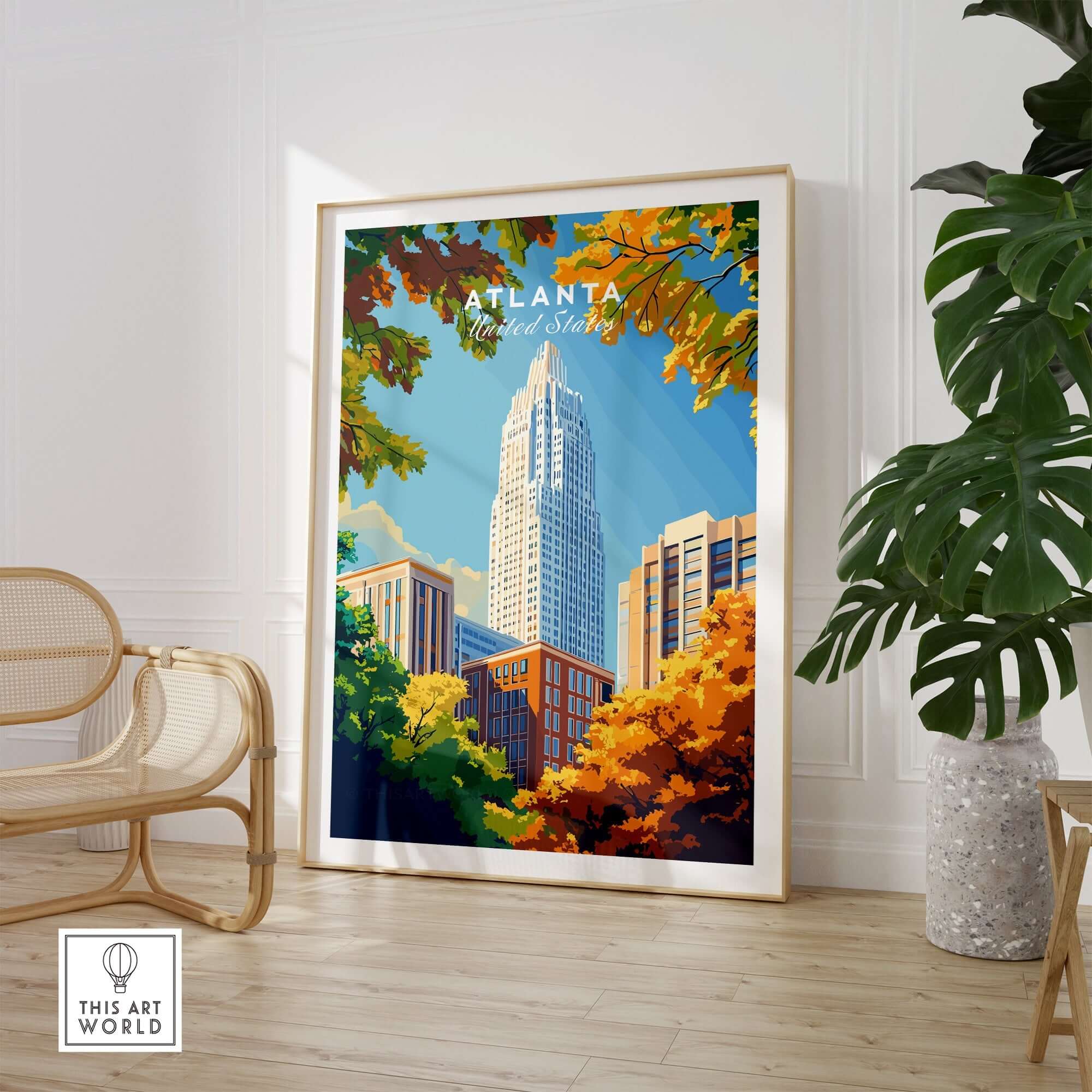 Atlanta Wall Art Poster showcasing a vibrant cityscape with iconic buildings and autumn foliage.