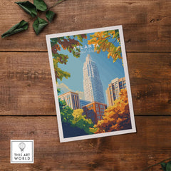 Atlanta Wall Art Poster featuring a vibrant cityscape skyline with autumn leaves.
