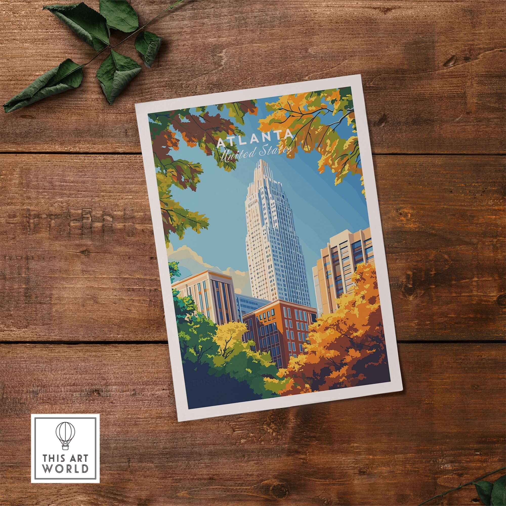Atlanta Wall Art Poster featuring a vibrant cityscape skyline with autumn leaves.