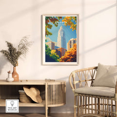 Atlanta Wall Art Poster featuring iconic skyscrapers and vibrant colors in a stylish interior setting.