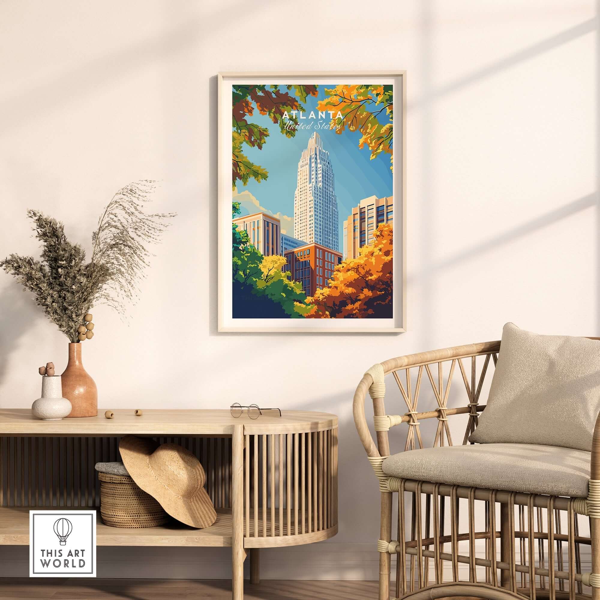 Atlanta Wall Art Poster featuring iconic skyscrapers and vibrant colors in a stylish interior setting.