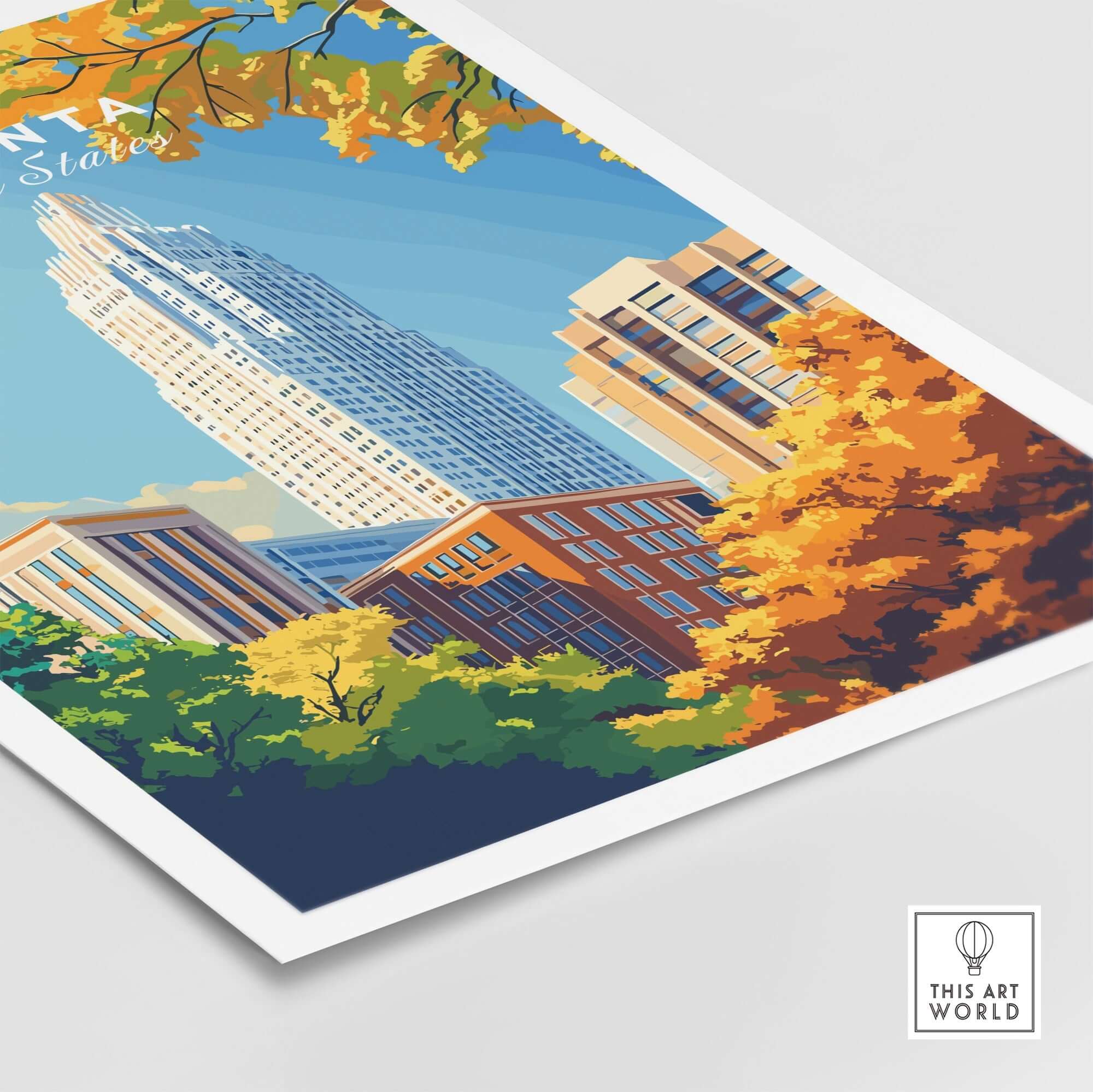 Atlanta Wall Art Poster featuring vibrant city skyline and autumn foliage.