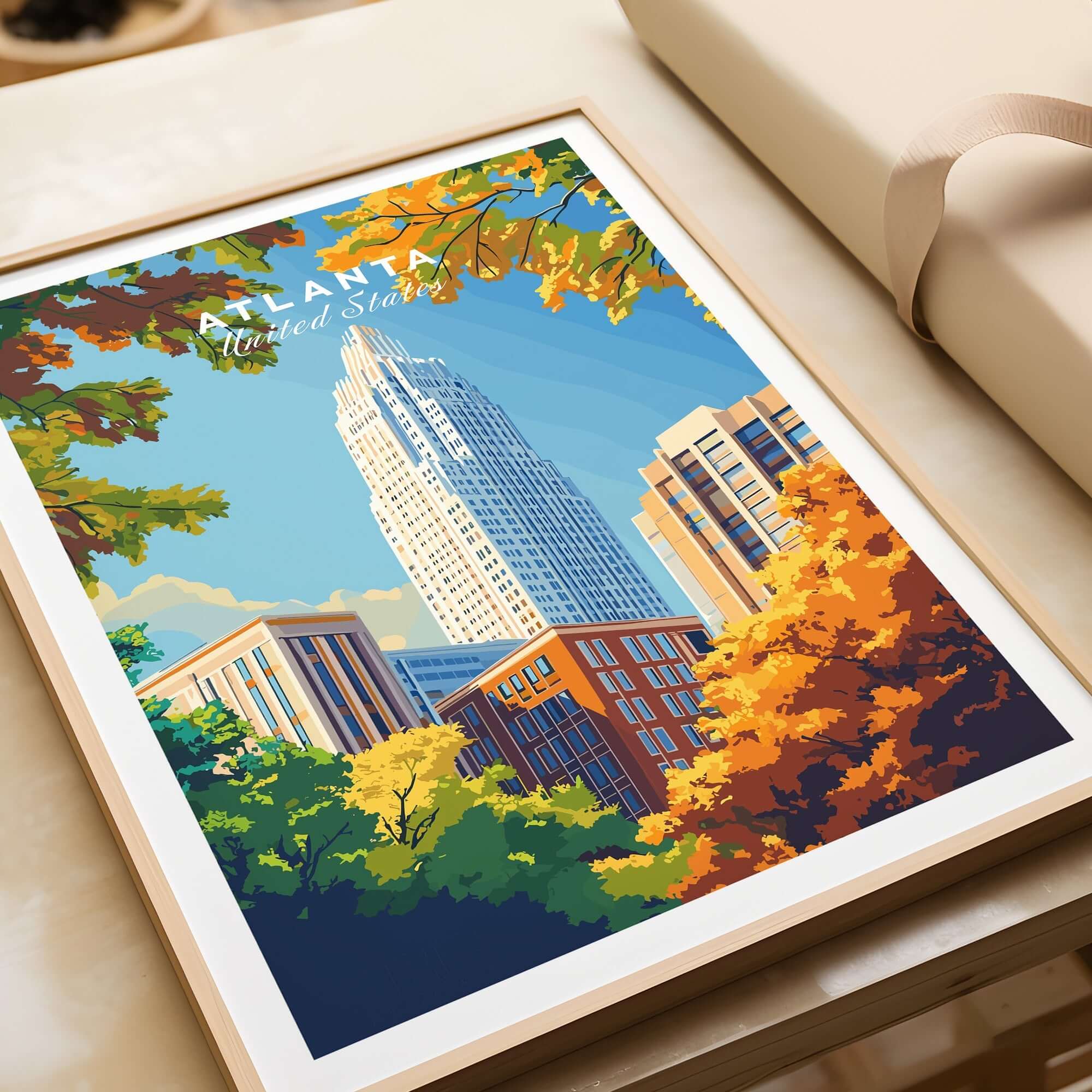 Atlanta Wall Art Poster showcasing iconic Atlanta skyline framed with vibrant autumn foliage.