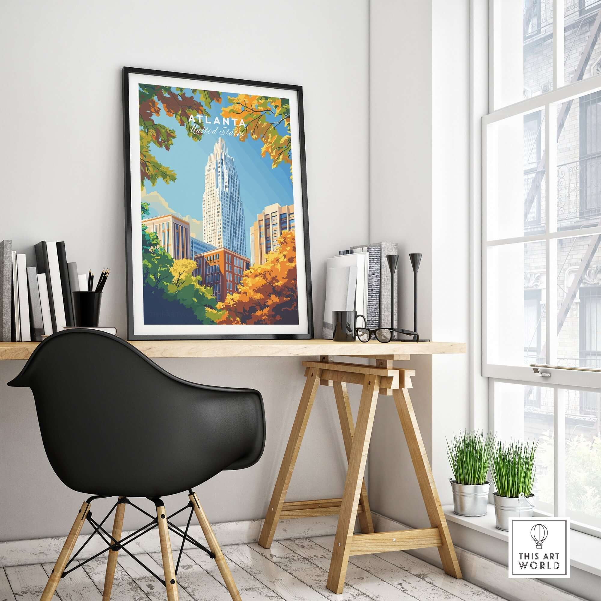 Atlanta Wall Art Poster displayed in a bright home office setting with modern decor and natural light.