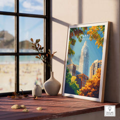 Atlanta Wall Art Poster displayed on a windowsill, showcasing iconic landmarks and vibrant scenery of Atlanta.